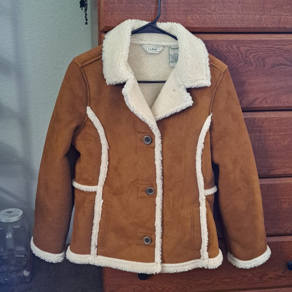 L.L. Bean Women's Tan Suede Shearling Jacket with Cream Trim